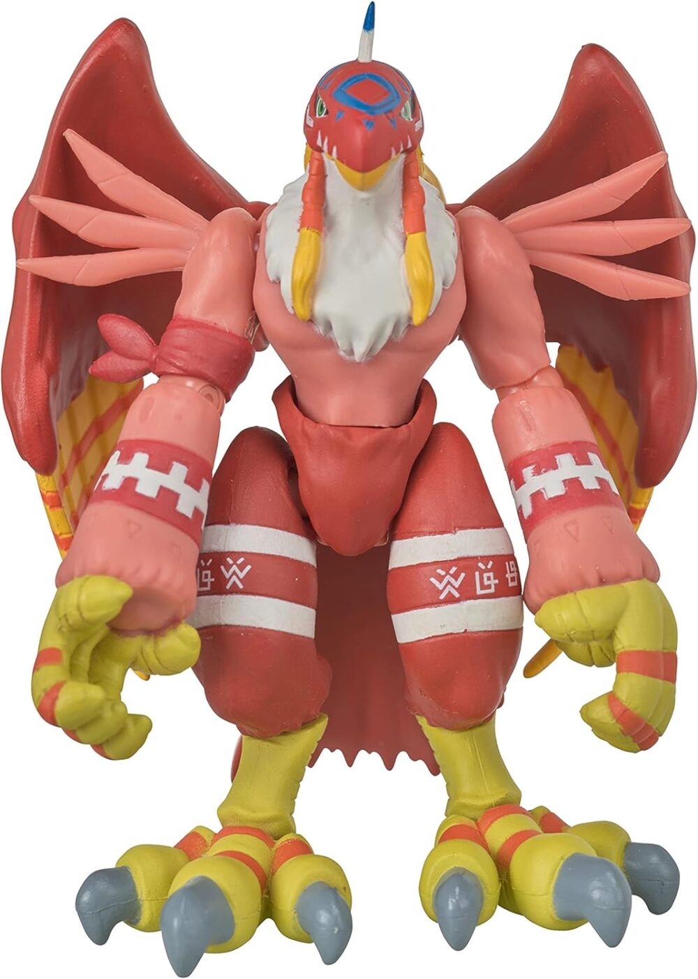 A detailed Digimon Shodo 3.5" Figure of a bird-like creature with red wings, yellow feet with gray claws, and intricate designs on its arms and legs.