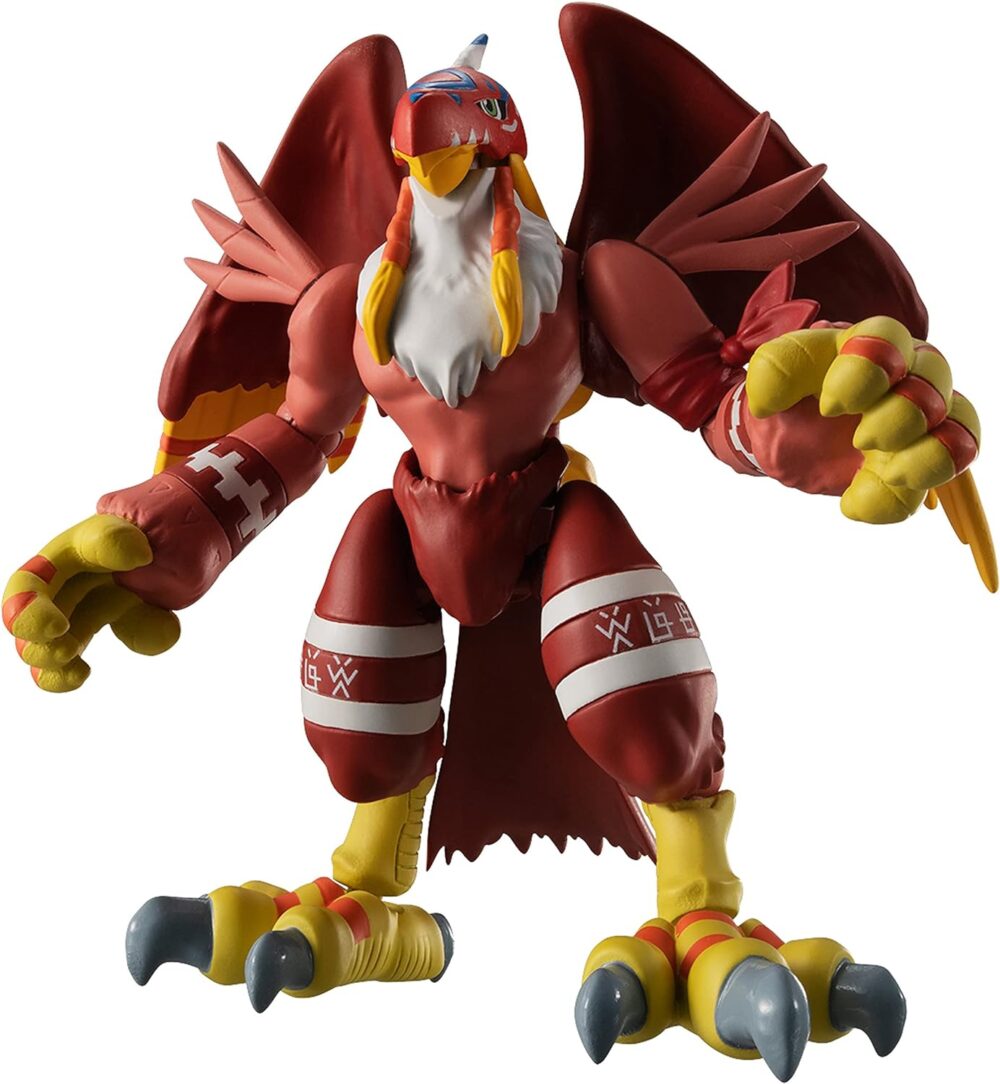 A detailed Digimon Shodo 3.5" Figure of a humanoid bird creature with red feathers, talons, and a white crest. The figure features yellow claws and feet and red and white markings on its thighs.