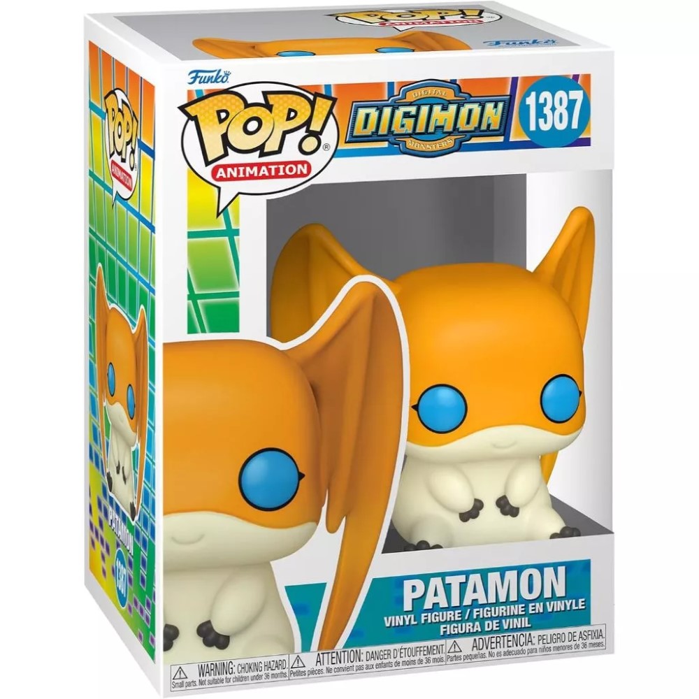 A Funko Pop! Vinyl Figure from the Digimon series, featuring Patamon with large orange wings and blue eyes, numbered 1387 in the Digital Monsters Wave 2 collection, displayed inside its packaging.