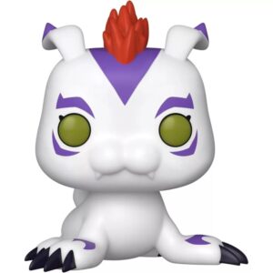 A chibi-style figurine of a white creature with purple markings, green eyes, and a red crest on its head, resembling a mix between a dragon and a mammal.