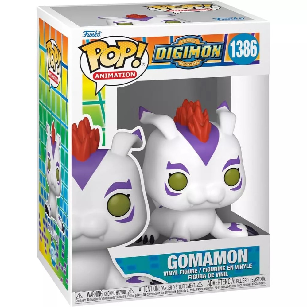 Boxed Funko Pop! vinyl figure of Gomamon from the Digimon series, part of Wave 2, number 1386. The figure is white with purple and red details and has large green eyes.