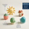 Introducing the Itzy Ritzy Finger Puppets Bath Toys: a set of five soft, textured toys featuring a sun, fox, strawberry, mushroom, and snail. These toys are designed to highlight sensory engagement and support developmental play during interactive use.