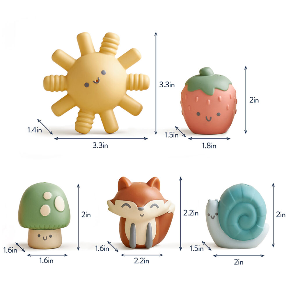 This set of Itzy Ritzy Finger Puppets Bath Toys includes six vibrant toy figures shaped like a sun, strawberry, mushroom, fox, snail, and blue seashell. The heights of these adorable figures range from 1.4 to 3.3 inches and their widths vary between 1.5 to 3.3 inches.