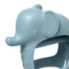 Close-up of the Bitzy Grip - Silicone Developmental Teether in blue, featuring an elephant shape with a smooth finish, textured ear, and embossed cross designs on the band.