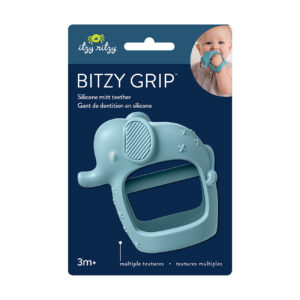 The Bitzy Grip - Silicone Developmental Teether, shaped like a blue elephant and packaged on a display card, features the brand Itzy Ritzy. It is suitable for babies aged 3 months and older, offering multiple textures for tactile stimulation.