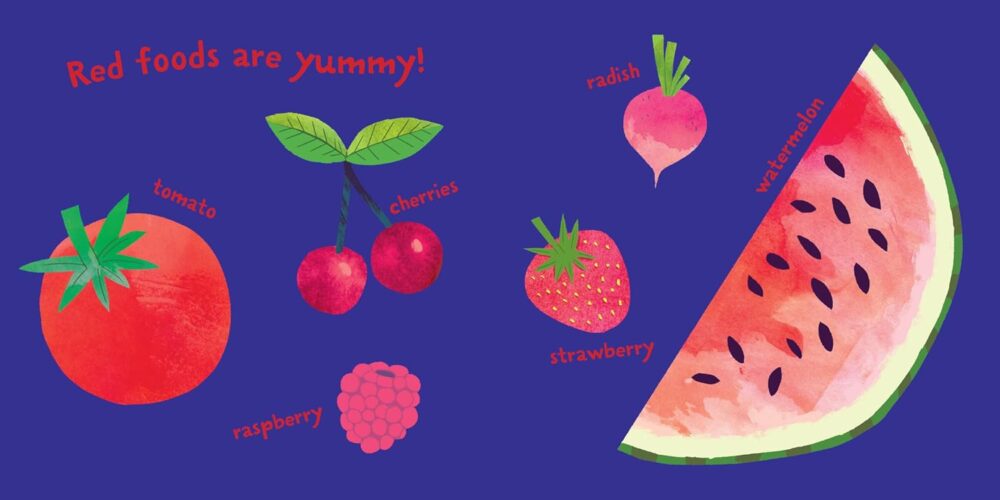 Illustration of various red foods, including a tomato, cherries, radish, watermelon slice, raspberry, and strawberry, with the text "Indestructibles: Baby, Let's Eat!: Chew Proof Rip Proof, Nontoxic Washable (Suitable For Babies Infants and Toddlers Safe to Chew)" at the top.