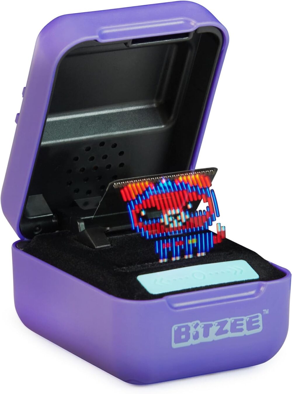 Spin Master Bitzee Interactive Toy Digital Pet with a pixelated red, blue, and white face displayed on its screen, inside an open cube-shaped case.