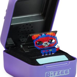 Spin Master Bitzee Interactive Toy Digital Pet with a pixelated red, blue, and white face displayed on its screen, inside an open cube-shaped case.