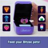 A digital image of a handheld device called Spin Master Bitzee Interactive Toy Digital Pet, featuring a digital pet on the screen. Various pixelated food icons surround the device. The text reads, "Feed your Spin Master Bitzee Interactive Toy Digital Pet!