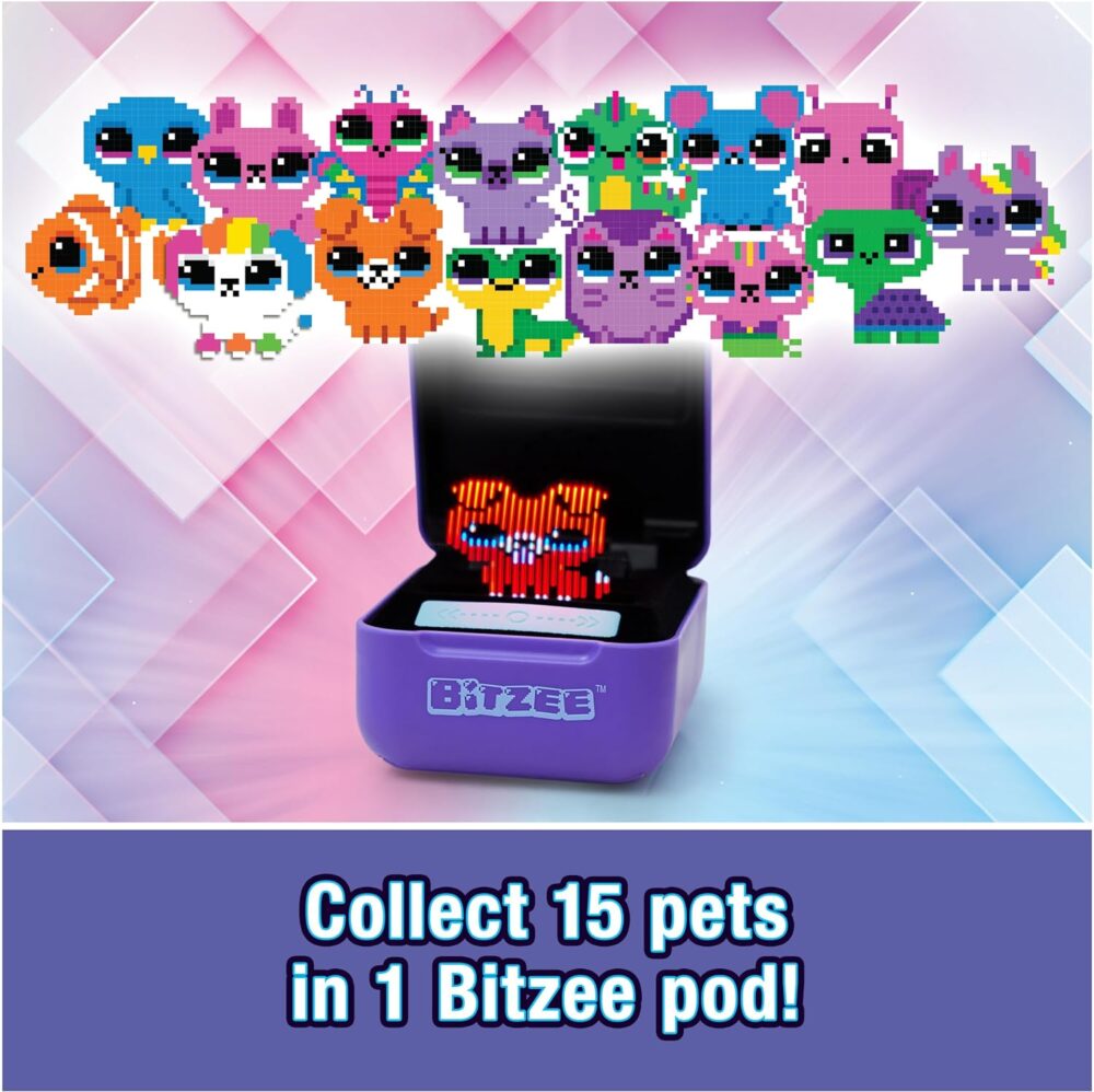 Image of a Spin Master Bitzee Interactive Toy Digital Pet displaying pixelated animal characters on a screen. Text reads: "Collect 15 pets in 1 Spin Master Bitzee Interactive Toy Digital Pet pod!" The pod is purple with the Spin Master Bitzee logo.