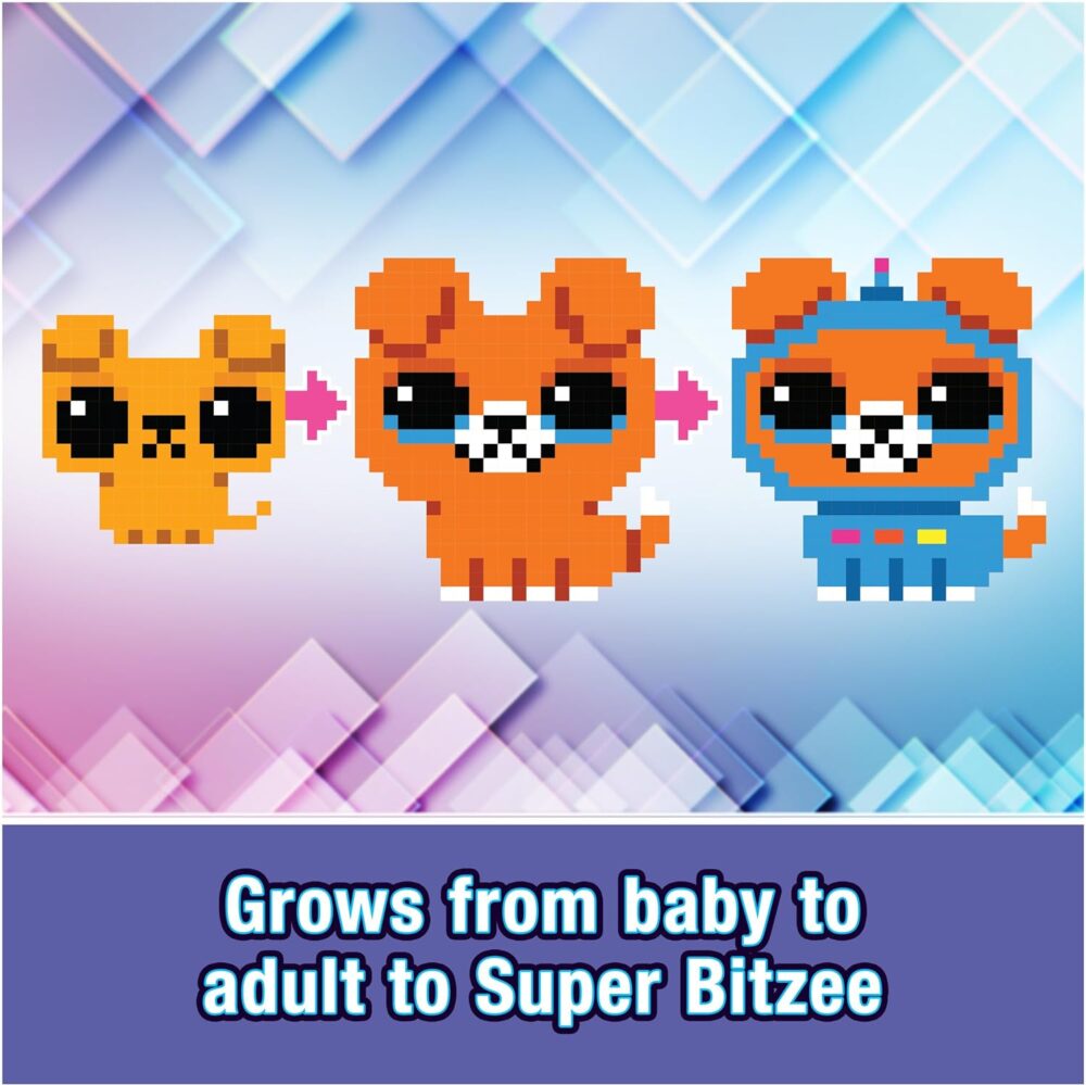 Pixel art graphics of a character growing from baby to adult to a superhero, set against a geometric background with the caption "Grows from baby to adult to Spin Master Bitzee Interactive Toy Digital Pet" below.