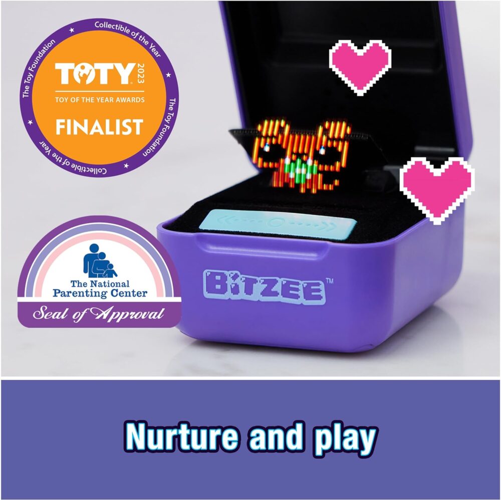 A purple Spin Master Bitzee Interactive Toy Digital Pet showcasing a pixelated character with hearts, alongside Toy of the Year Awards finalist and The National Parenting Center Seal of Approval logos, captioned "Nurture and play.