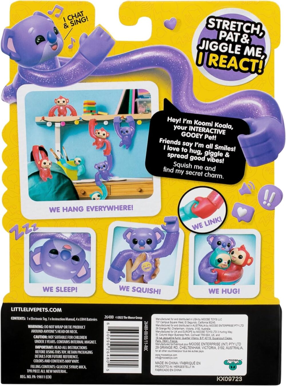 Packaging for a toy named "Koomii Koala" showing various interactive features such as singing, stretching, hugging, and hanging. The text highlights these features and claims the toy is reactive to touch.