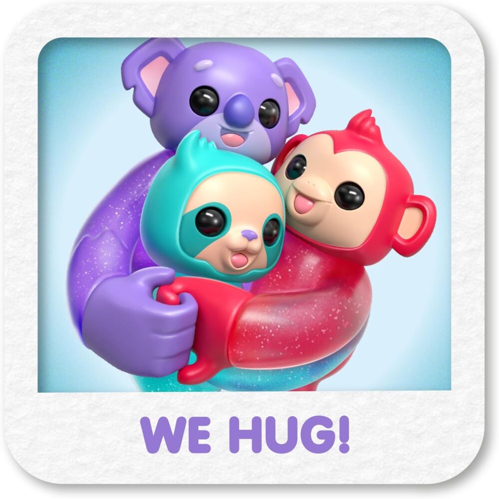 A purple koala, a red monkey, and a blue creature are hugging each other with the caption "WE HUG!" below them.