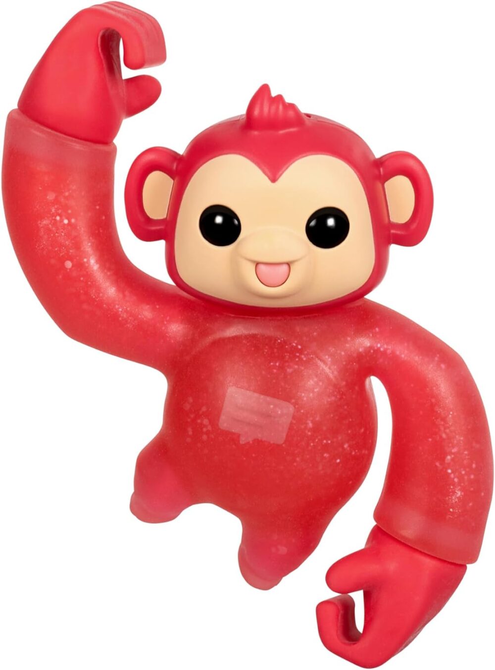 Red toy monkey with arm raised, large black eyes, and a small smile.