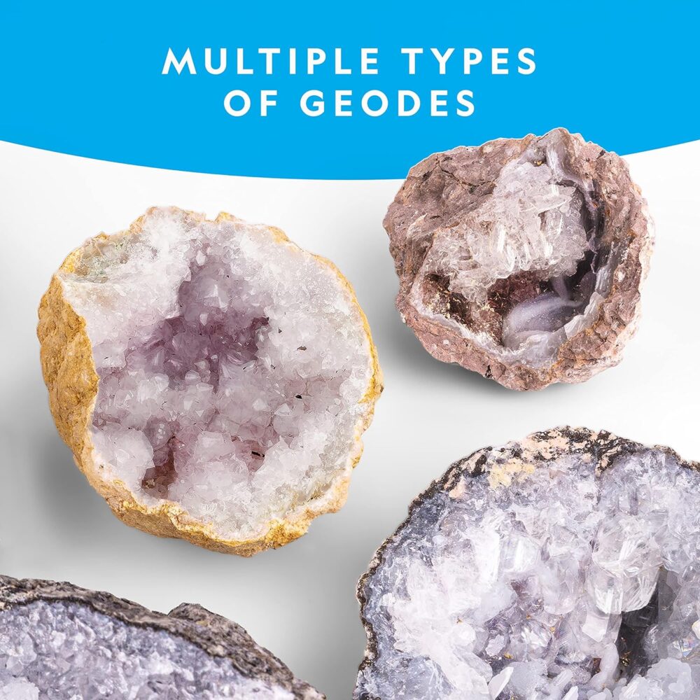 Image showing multiple types of geodes. Each geode is split open, revealing crystal formations inside. The text above reads, "National Geographic Break Open 10 Premium Geodes.