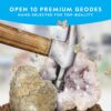 A hammer breaking open a geode, revealing glittering crystals inside. Text above reads, "National Geographic Break Open 10 Premium Geodes - Hand-Selected for Top-Quality.