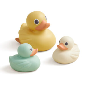 Three Itzy Ritzy Ducky Family Floating Bath Toys in various colors and sizes are displayed against a plain white background.