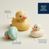 The Itzy Ritzy Ducky Family Floating Bath Toys come in a set of three mold-free rubber ducks in yellow, cream, and turquoise, designed to avoid tipping and prevent mildew while promoting sensory development of touch and sight.