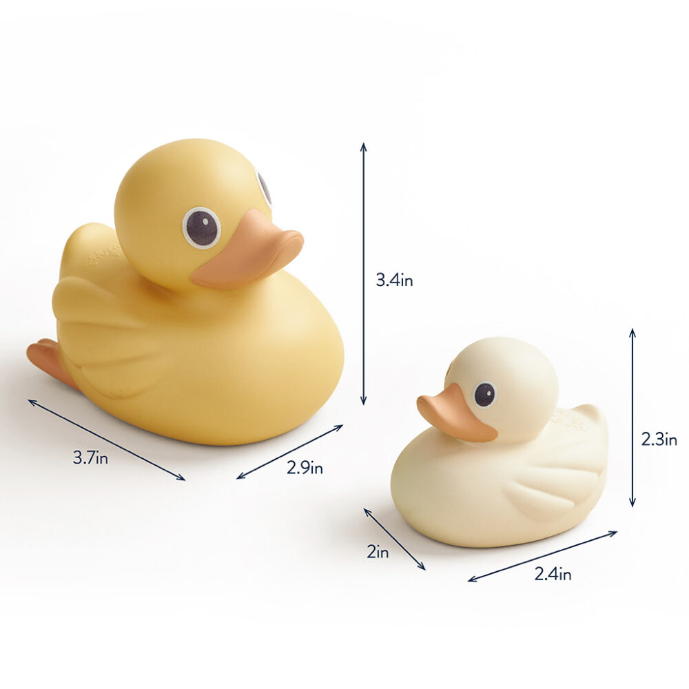 The Itzy Ritzy Ducky Family Floating Bath Toys set includes two rubber duck toys of different sizes with clearly labeled dimensions. The larger duck measures 3.7 inches by 2.9 inches by 3.4 inches, while the smaller duck measures 2.4 inches by 2 inches by 2.3 inches.