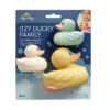 Packaging for "Itzy Ritzy Ducky Family Floating Bath Toys," featuring three rubber duck bath toys in yellow, blue, and white. The packaging is labeled for ages 6 months and up and is depicted with a baby holding a duck toy.