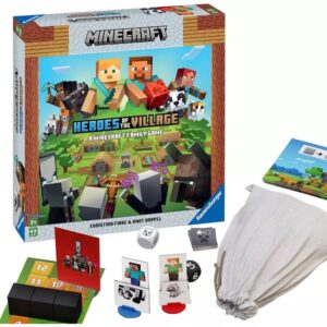 Box of "Ravensburger Minecraft Heroes of the Village Cooperative Board Game Family" with game components including dice, cards, tokens, and a bag, displayed next to it.