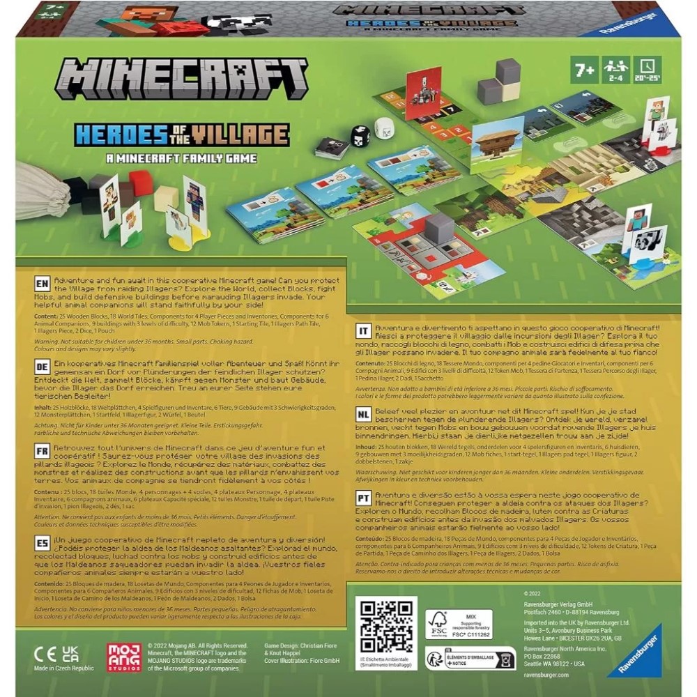 Back of the Ravensburger Minecraft Heroes of the Village Cooperative Board Game Family box showing game description, components, age rating, and imagery of gameplay setup.