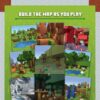 A collage of Minecraft environments, including forests, snowy mountains, lakes, and mushroom areas, with the text "Build the map as you play" displayed at the top for Ravensburger Minecraft Heroes of the Village Cooperative Board Game Family.