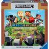 The image shows the box cover of the "Ravensburger Minecraft Heroes of the Village Cooperative Board Game Family," featuring Minecraft characters and village scenery.