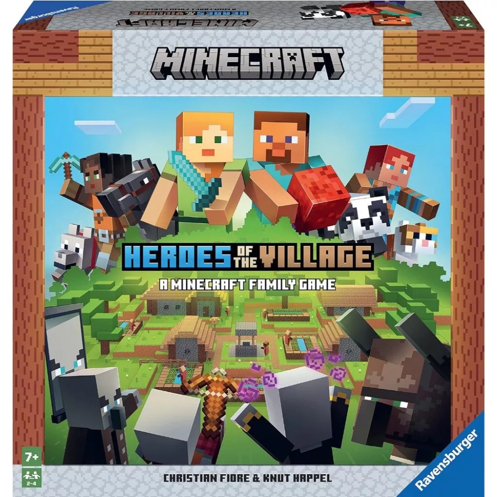 The image shows the box cover of the "Ravensburger Minecraft Heroes of the Village Cooperative Board Game Family," featuring Minecraft characters and village scenery.