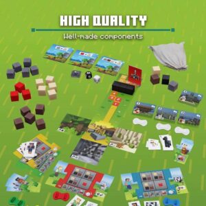 The Ravensburger Minecraft Heroes of the Village Cooperative Board Game Family is showcased with an array of components, such as cards, dice, tokens, cubes, and instruction sheets. The backdrop highlights phrases like "High Quality" and "Well-made components.