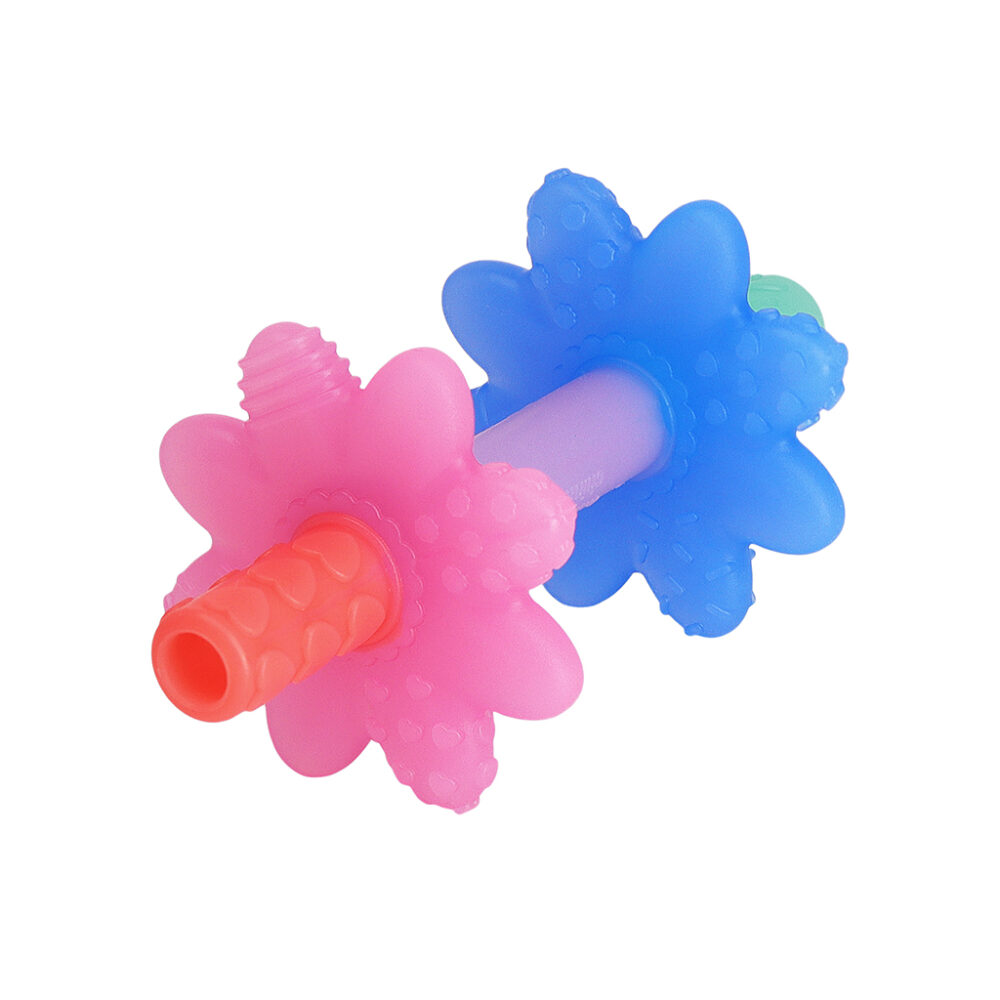 Colorful teething toy consisting of interlocking rings in pink and blue with textured surfaces shaped like flowers.