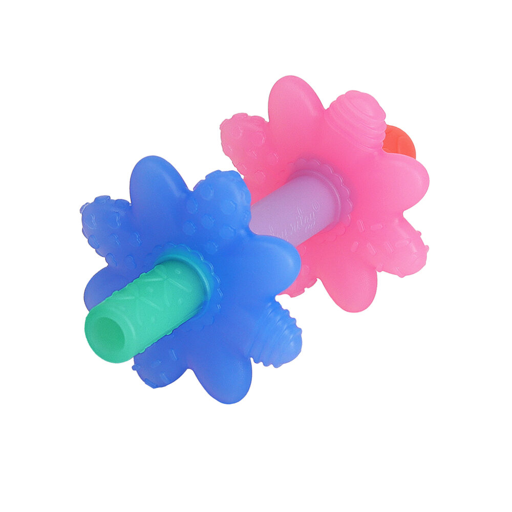 A multicolored rubber dog chew toy with blue and pink flower-shaped ends and a green textured middle section.