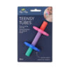 Packaging for "Teensy Tubes" silicone teething tubes from Itzy Ritzy, suitable for ages 3 months and up. The package shows a baby holding the tube and highlights that it reaches molars.