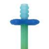 A green and blue baby rattle with a cylindrical handle and a ring near the top.