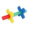 A colorful dog chew toy with a cross-shaped design, featuring yellow, red, blue, and green sections, and textured surfaces for chewing.