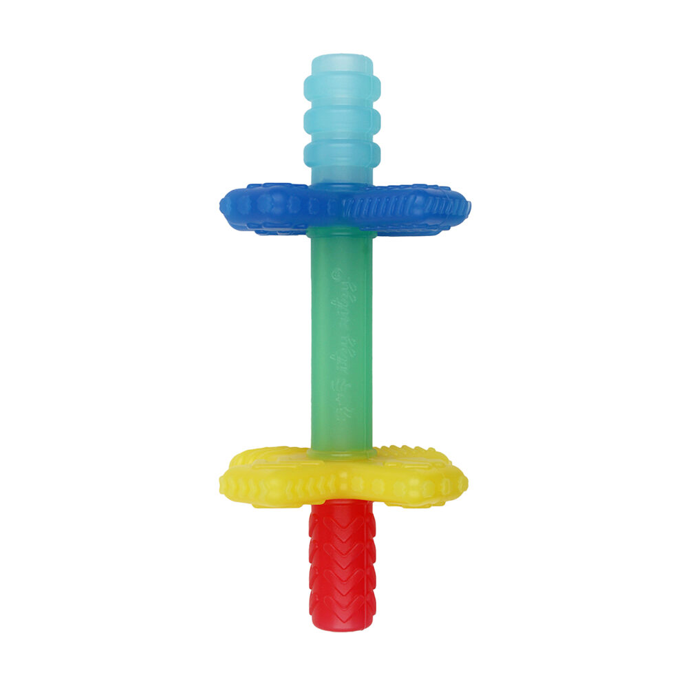 A multicolored rubber chew toy with a cylindrical center and textured discs in blue, green, yellow, and red.