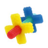 A colorful dog chew toy with interlocking blue, yellow, and red cross-shaped pieces made of textured rubber.