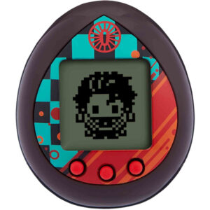 Introducing the Tamagotchi Nano x Demon Slayer - Dance of The Fire God, a handheld electronic game shaped like an egg. It features a pixelated character on the screen with three red buttons below it and is encased in a vibrantly decorated casing with colorful patterns.