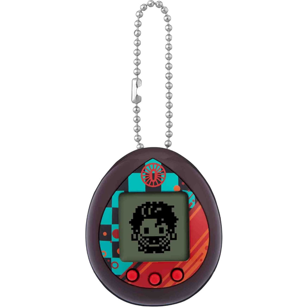 The Tamagotchi Nano x Demon Slayer - Dance of The Fire God is a digital pet device with a keychain, featuring a pixelated character on its screen. It has a patterned frame with buttons beneath the display.