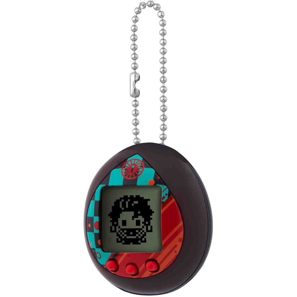 The Tamagotchi Nano x Demon Slayer - Dance of The Fire God is a digital pet device with a chain, featuring a retro pixelated character on the screen and three red buttons below. Its exterior is designed in black with teal and red geometric patterns.