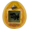 The Tamagotchi Nano x Jurassic Park 30th Anniversary - Dinosaur Amber is a yellow, egg-shaped digital pet device that displays a pixelated dinosaur on its screen and has two red buttons below the display.