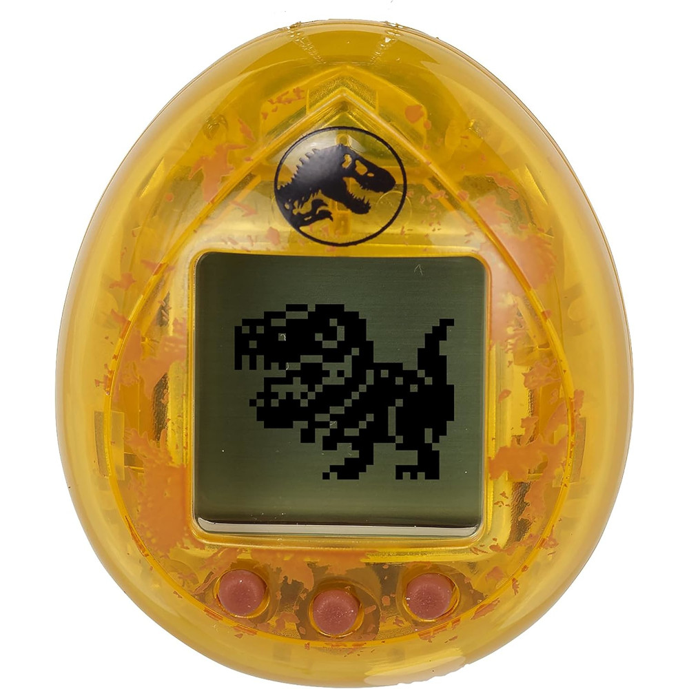 The Tamagotchi Nano x Jurassic Park 30th Anniversary - Dinosaur Amber is a yellow, egg-shaped digital pet device that displays a pixelated dinosaur on its screen and has two red buttons below the display.