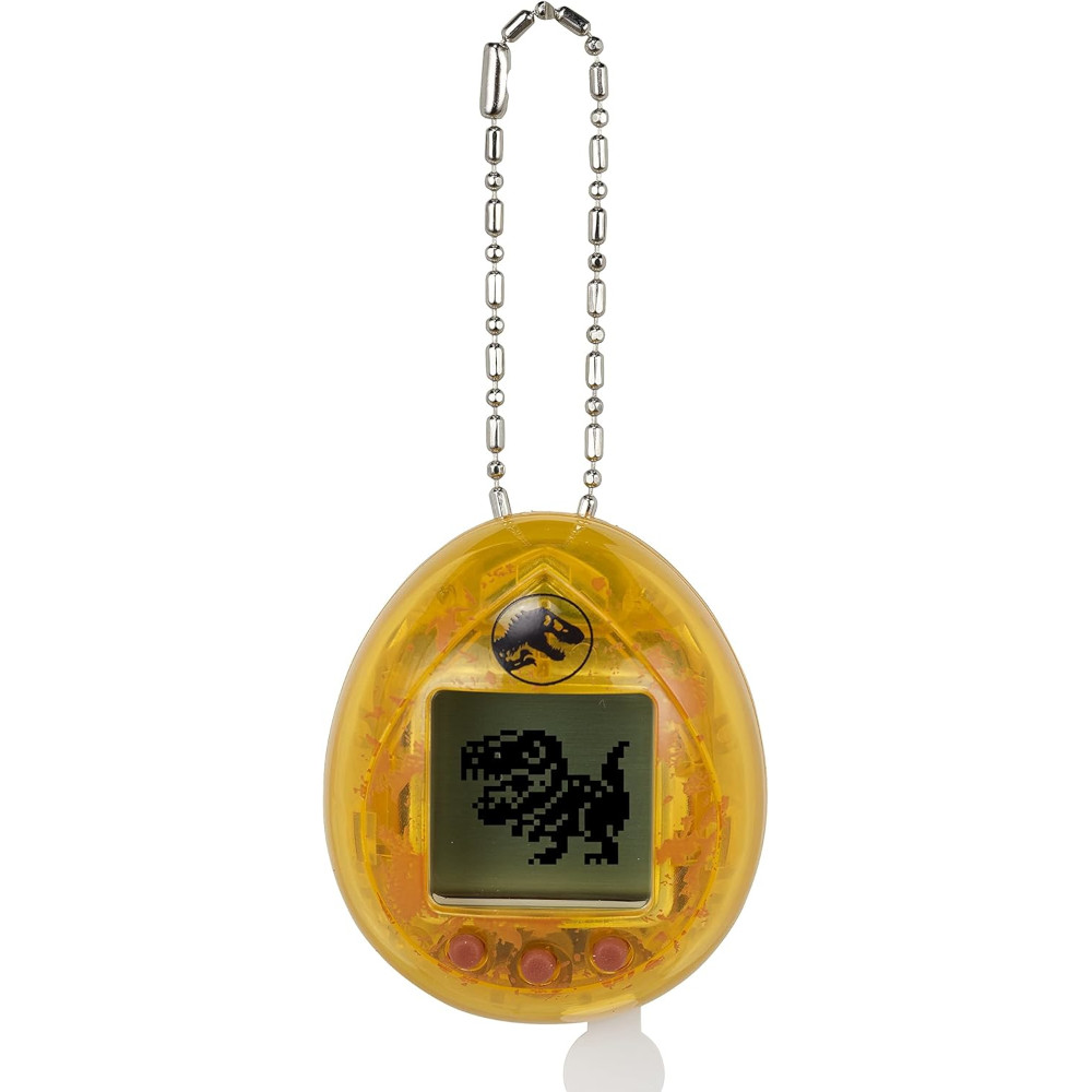 The Tamagotchi Nano x Jurassic Park 30th Anniversary - Dinosaur Amber is a yellow, egg-shaped handheld electronic toy with a keychain and a small screen featuring a pixelated dinosaur image.