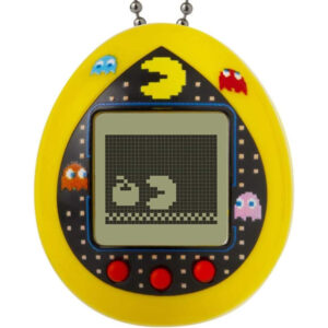 A yellow, egg-shaped virtual pet device with a screen displaying a pixelated Pac-Man and ghosts, surrounded by a dotted border. Three red buttons are below the screen.