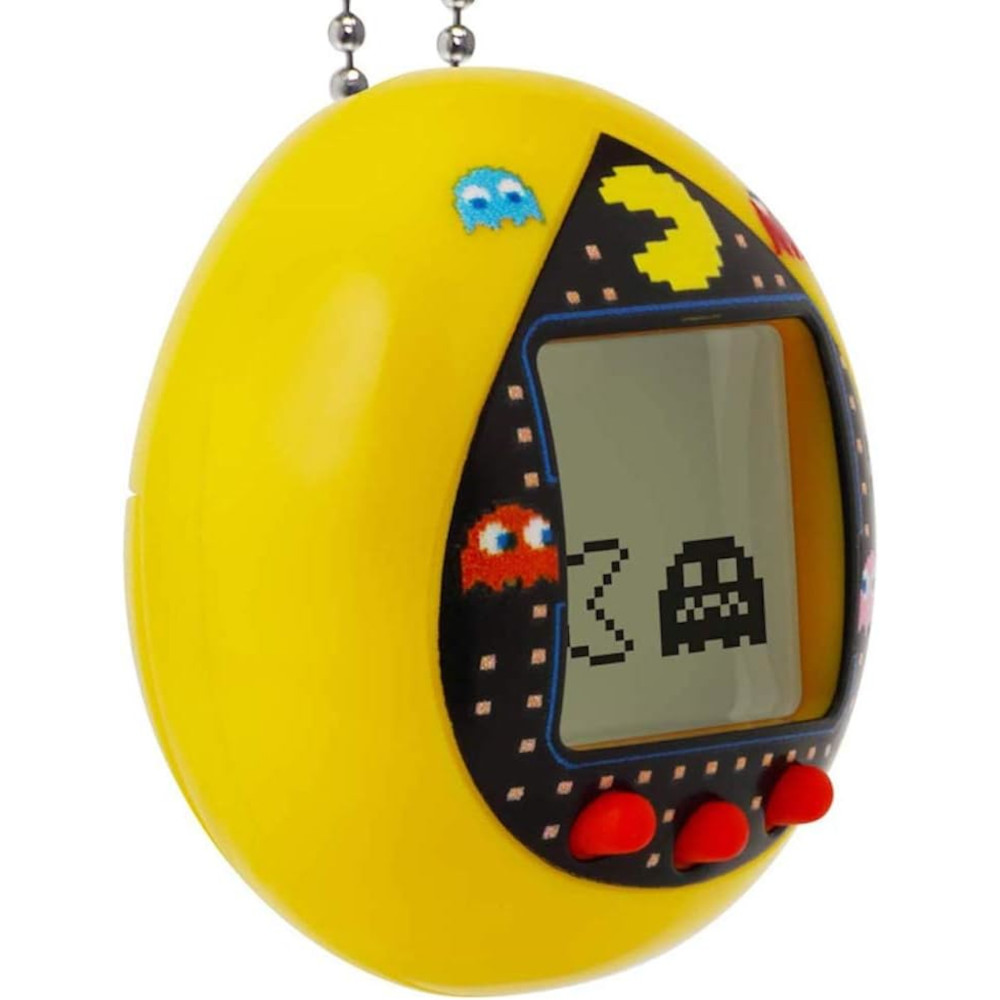 A yellow, egg-shaped handheld gaming device featuring a screen with retro, pixelated ghost and maze imagery, and three red buttons at the bottom.