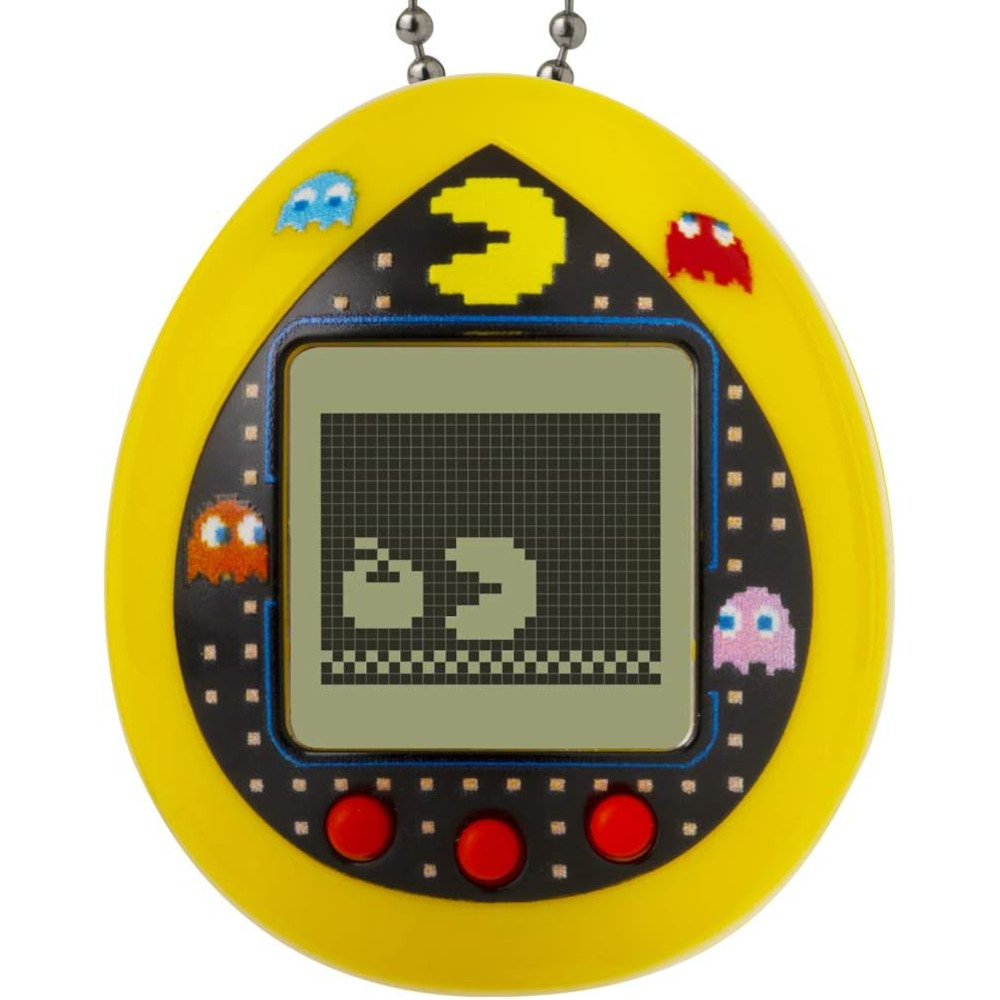 A yellow, egg-shaped electronic toy with red buttons and a screen displaying Pac-Man and ghosts. The toy is decorated with Pac-Man game characters.