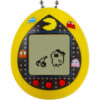 A yellow, egg-shaped virtual pet device with a screen showing a pixelated character and a cherry. The device has three red buttons at the bottom and is decorated with Pac-Man and ghost characters.