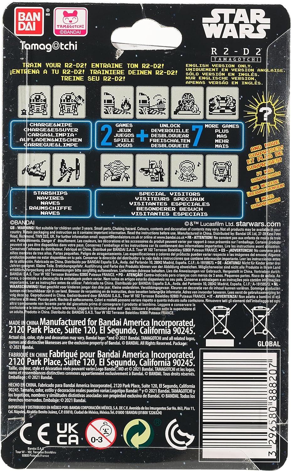 Back of the packaging for a Tamagotchi Nano x Star Wars - R2-D2 Hologram. It features an image of R2-D2 and various instructions and features in multiple languages. Manufacturer details and safety warnings are also visible.