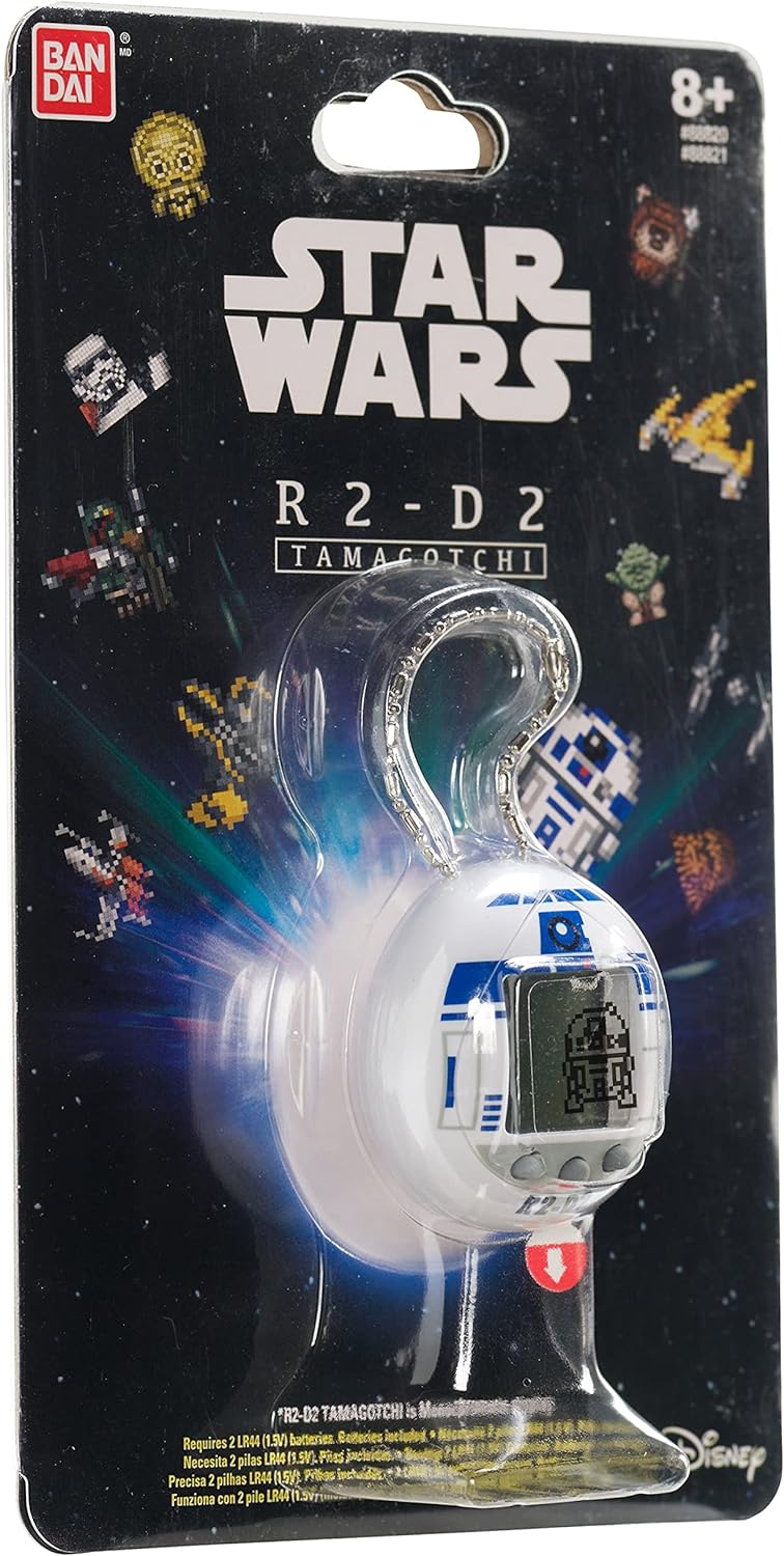 Tamagotchi Nano x Star Wars - R2-D2 Hologram, packaged, with pixelated Star Wars characters on the background. Suitable for ages 8 and up.